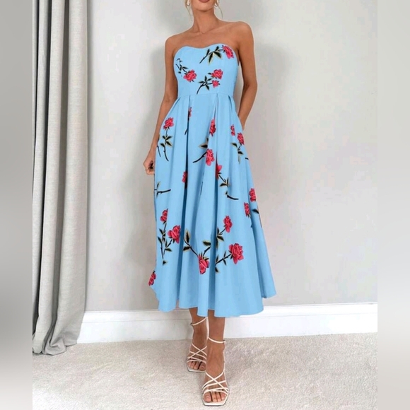 New Chic Flowy Floral Print Sweetheart Strapless Midi Dress Yellow Pink Green - Picture 7 of 10